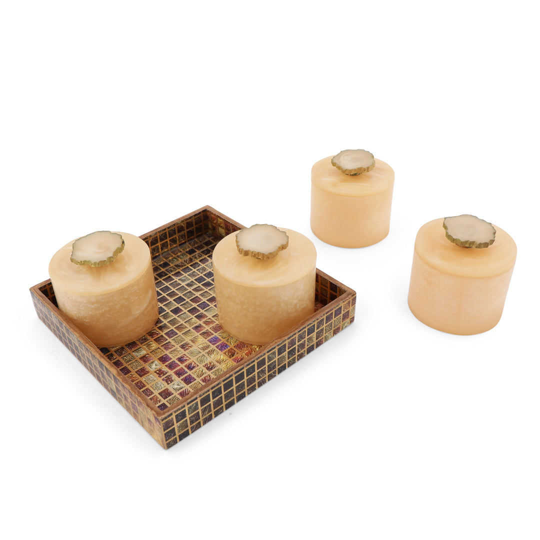 Resin Jar Set With Brown Checks Tray - 4 Jars