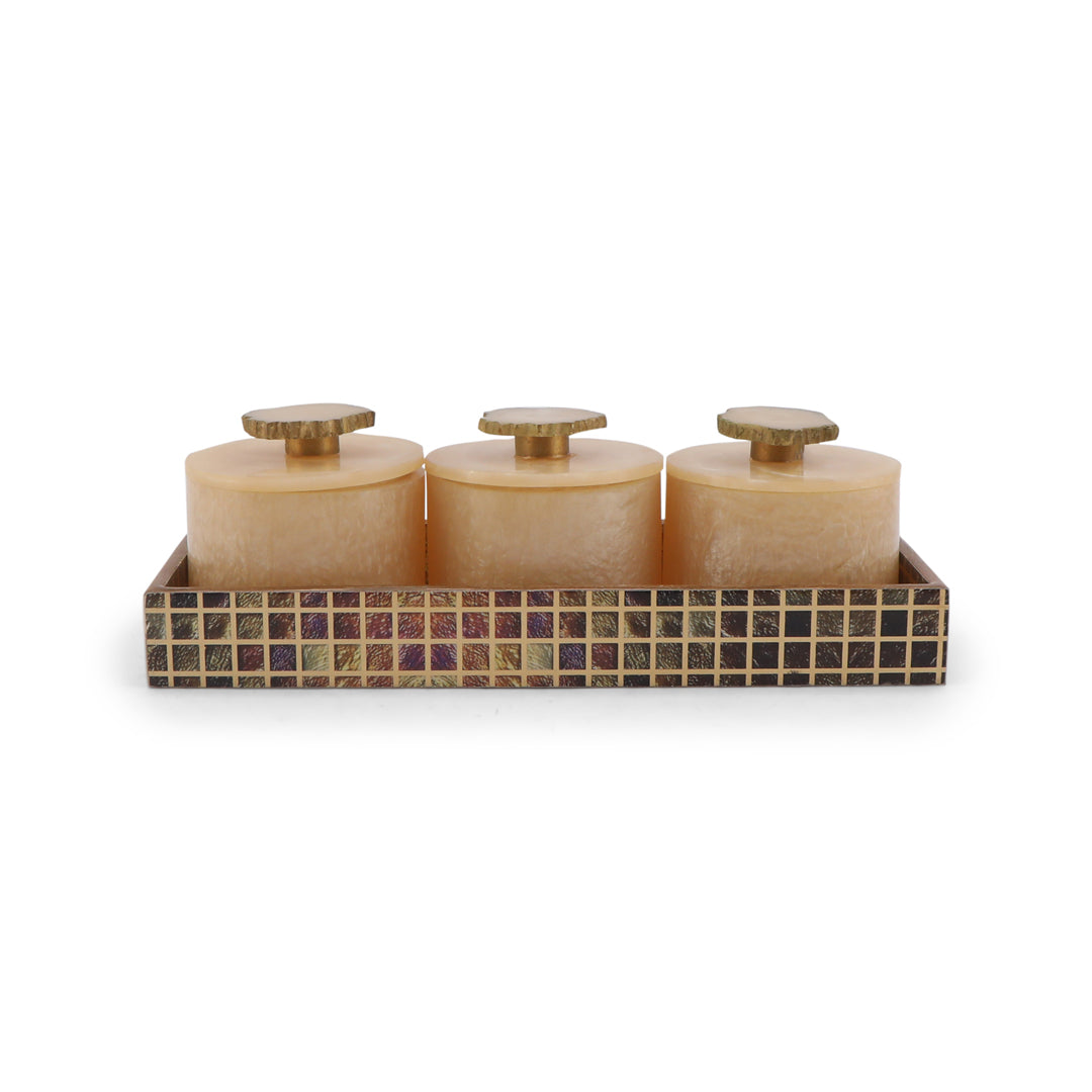 Resin Jar Set With Brown Checks Tray - 3 Jars - The Home Co. 1