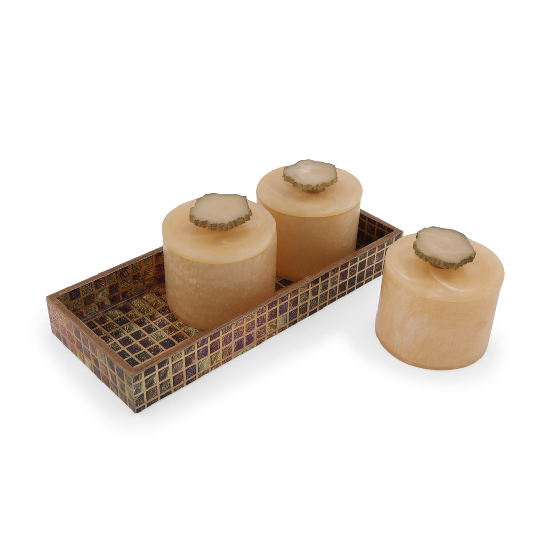 Resin Jar Set With Brown Checks Tray - 3 Jars