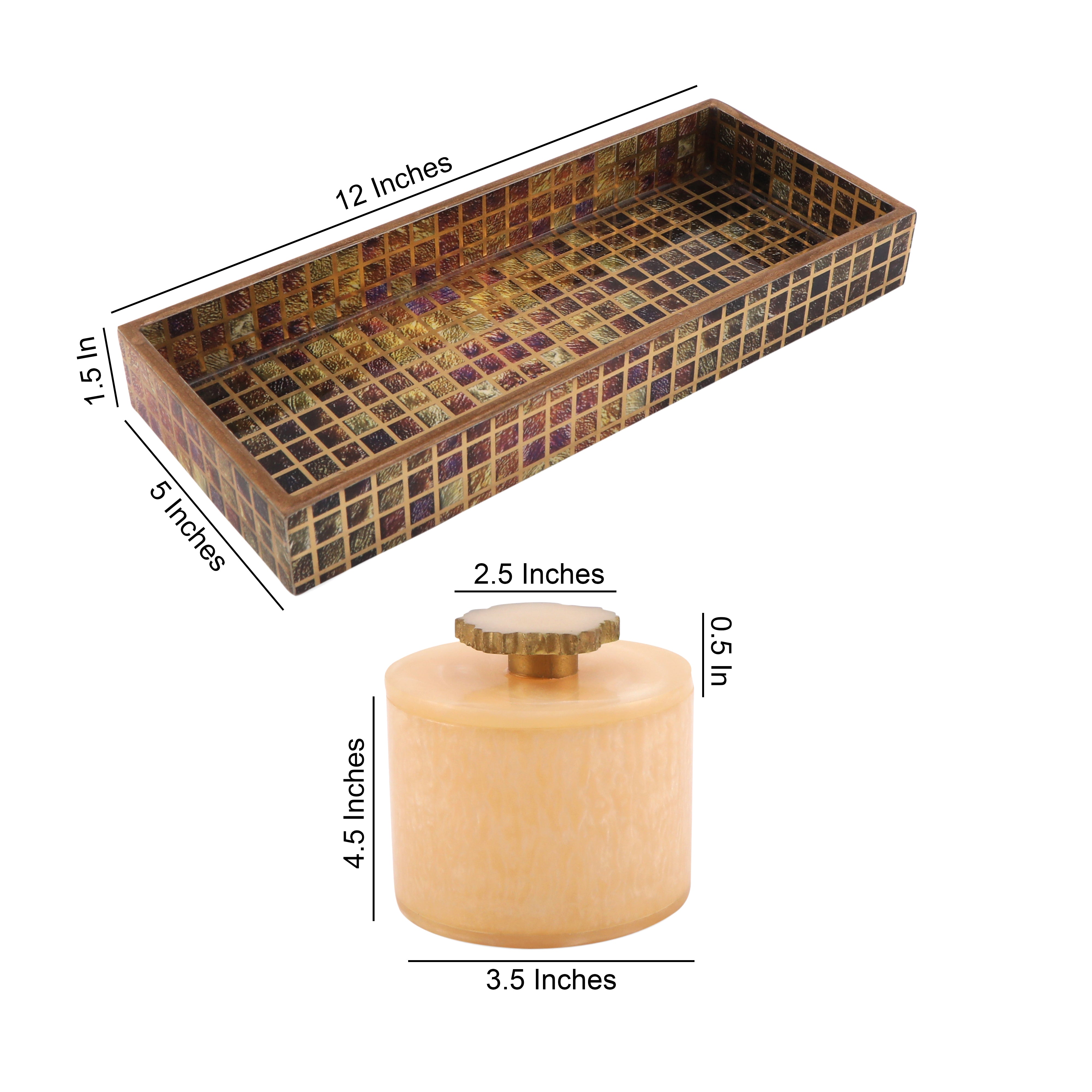 Brown Checks Printed Enamel Wooden Tray With 3 Resin Jars