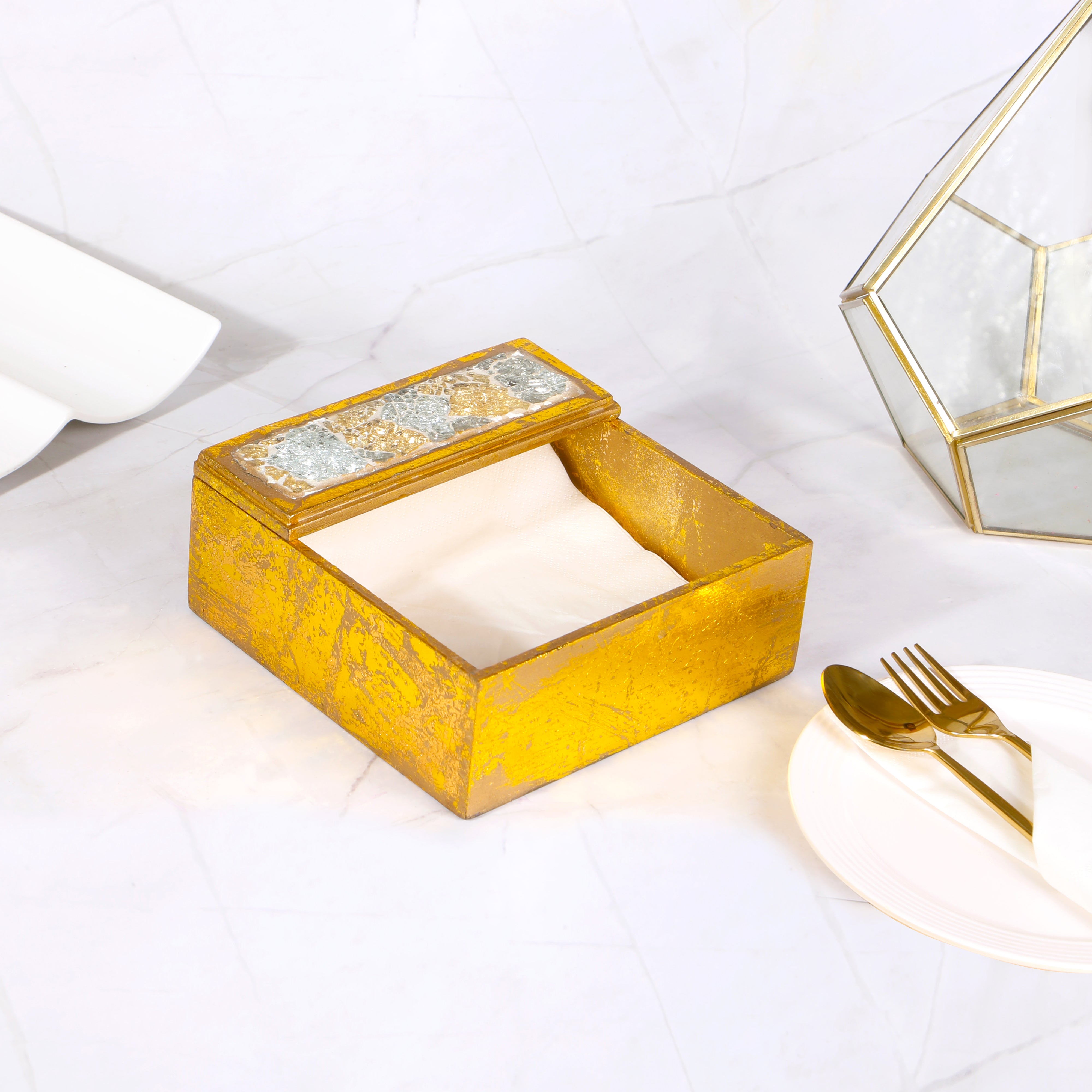 Square Tissue Holder - Gold Mosaic