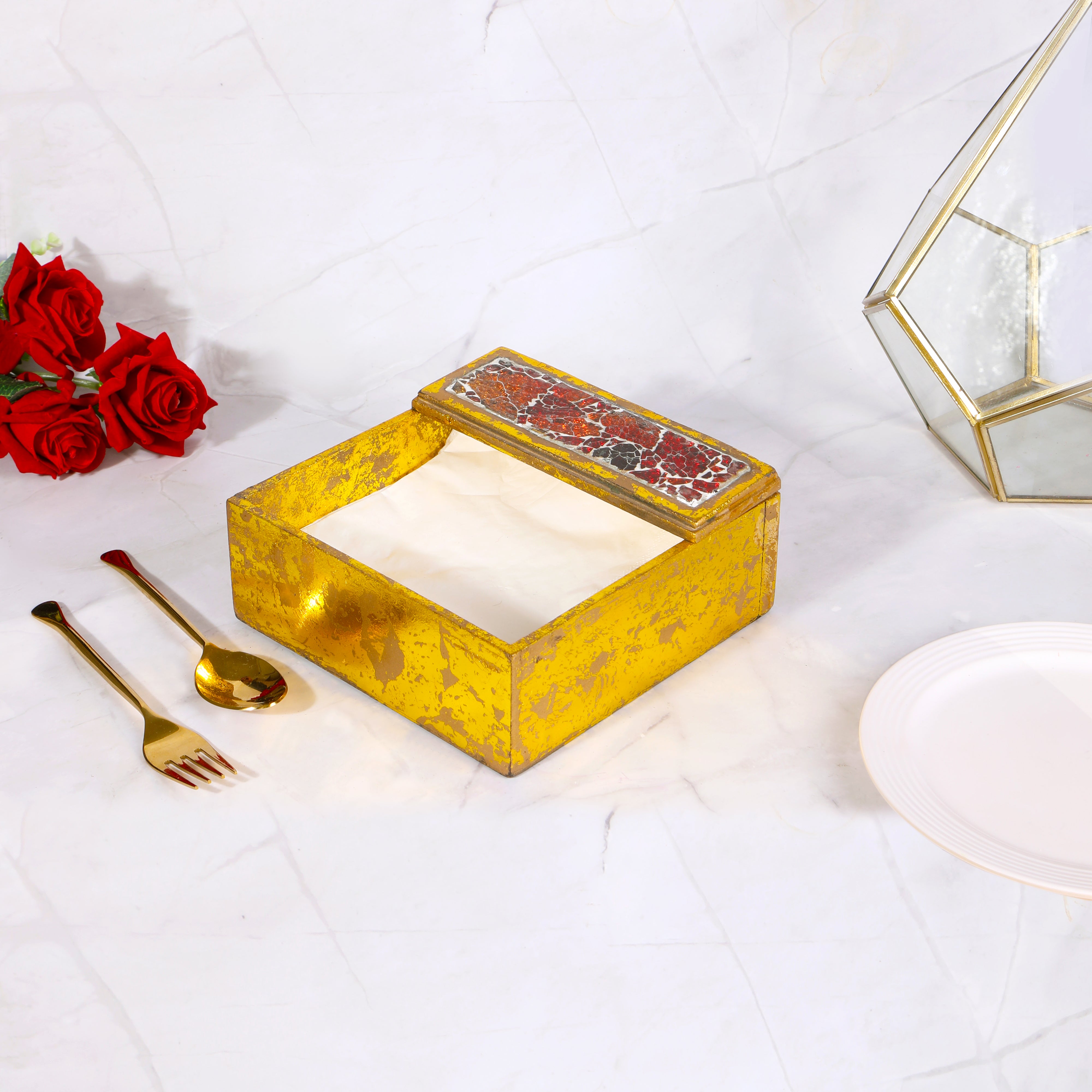 Square Tissue Holder - Red Mosaic