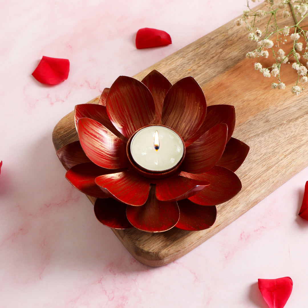 Tea Light Candle Stand Set of 2 - Red Lotus Tea Light Candle Holder - The Home Co.