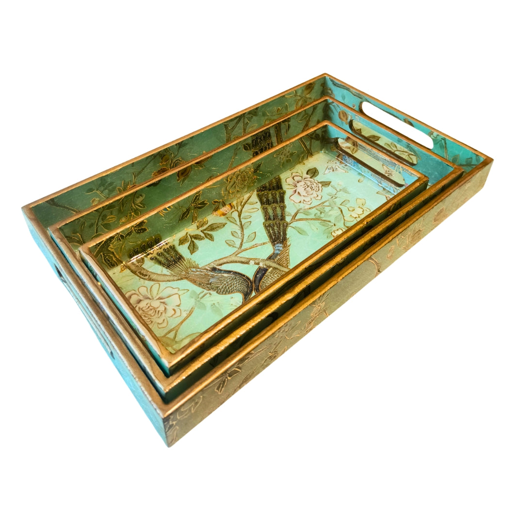 Green Peacock Design Enamel Tray(Tray Set of 3)