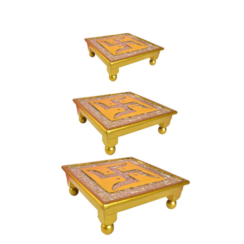 Swastic Design Mosaic Chips Wooden Chowki Set Of 3 - 15", 12", 9"