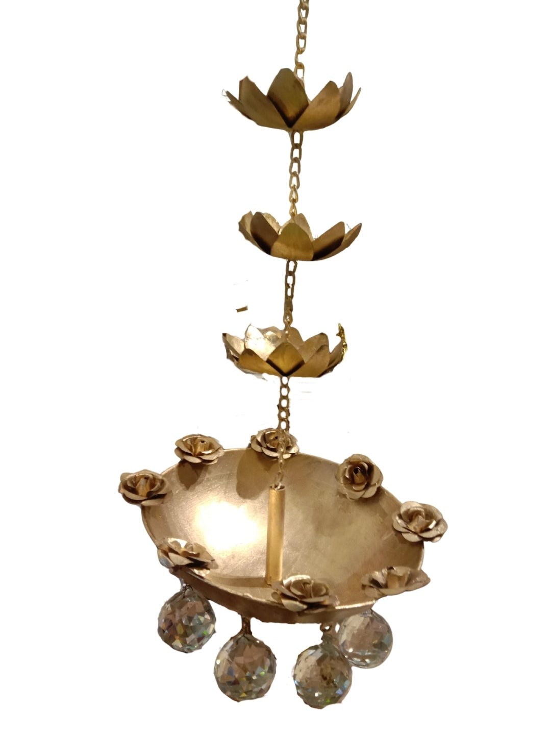 Metal gold finish hanging urli with crystal drops
