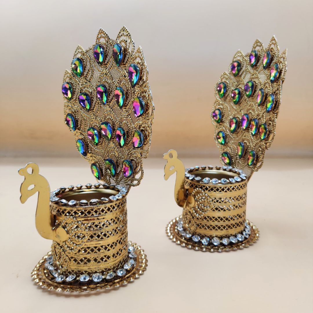 Peacock  Tea Light Holder Set Of 2