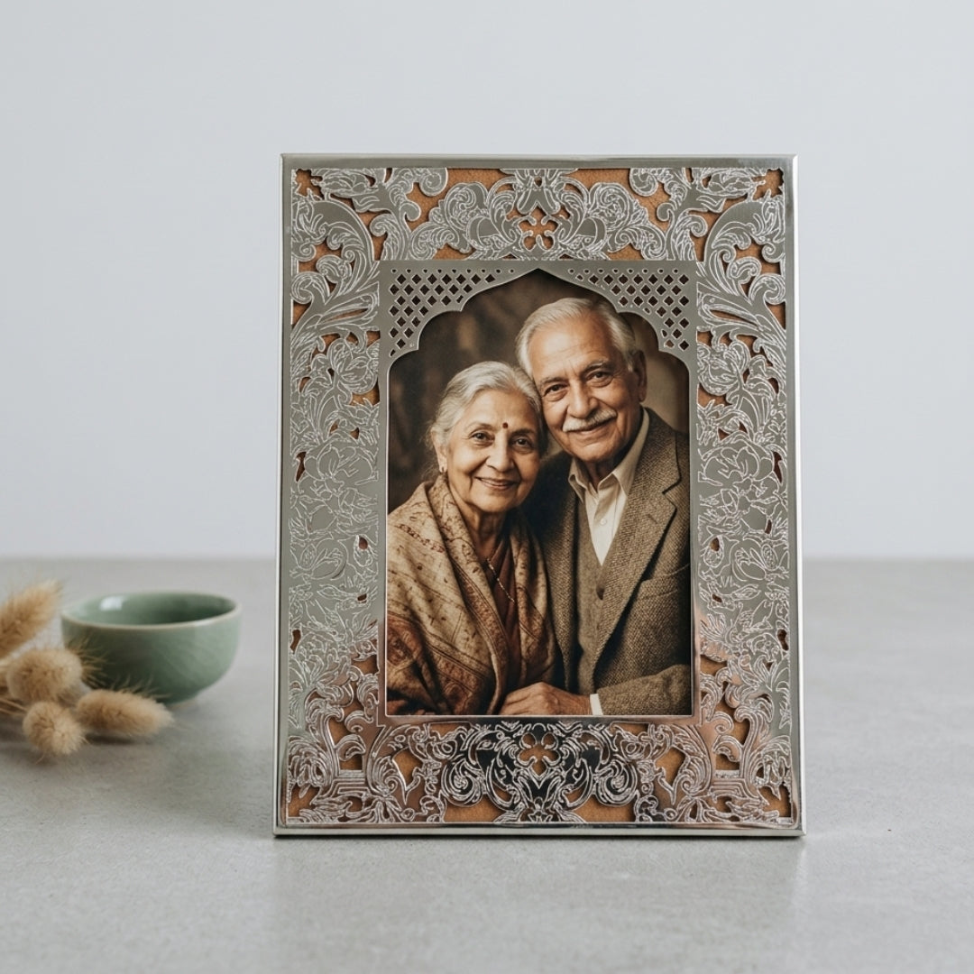 Elegant Silver-Plated Jharokha Photo Frame with Velvet Gift Box