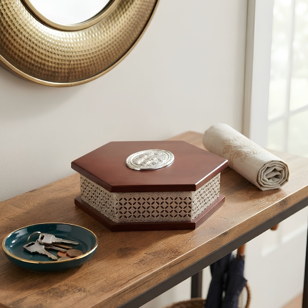 Hexagonal Wooden Silver-Plated Mithai Box