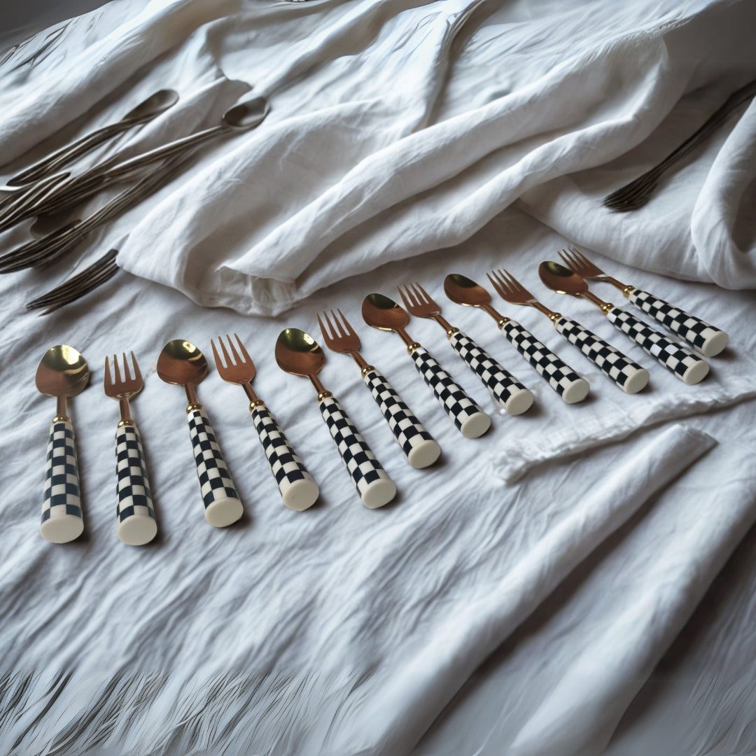 Cutlery Set of 12 - Black & White Resin Checks Design With Gold Spoons