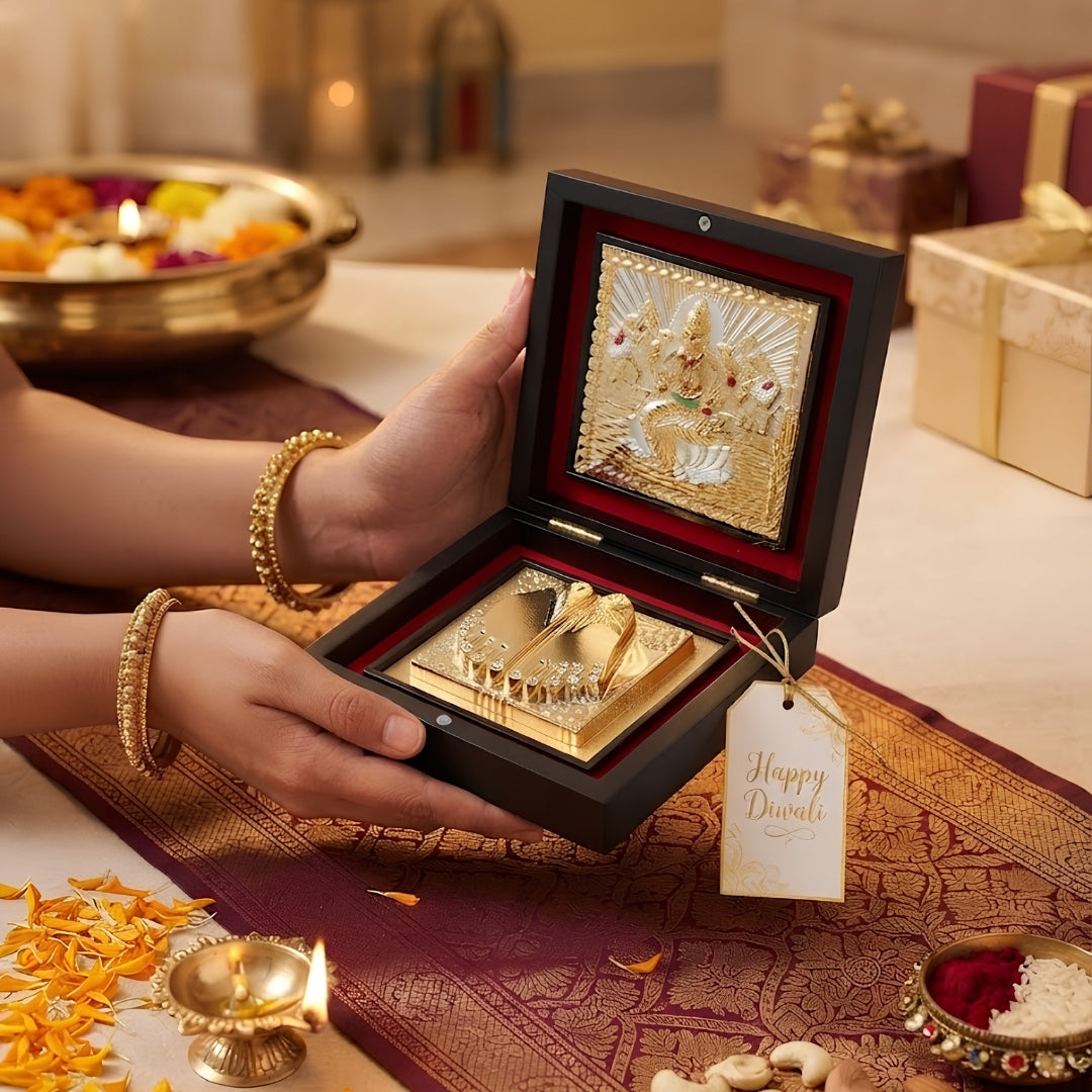Gold & Silver Plated Charan Paduka & Laxmi Frame Gift Box