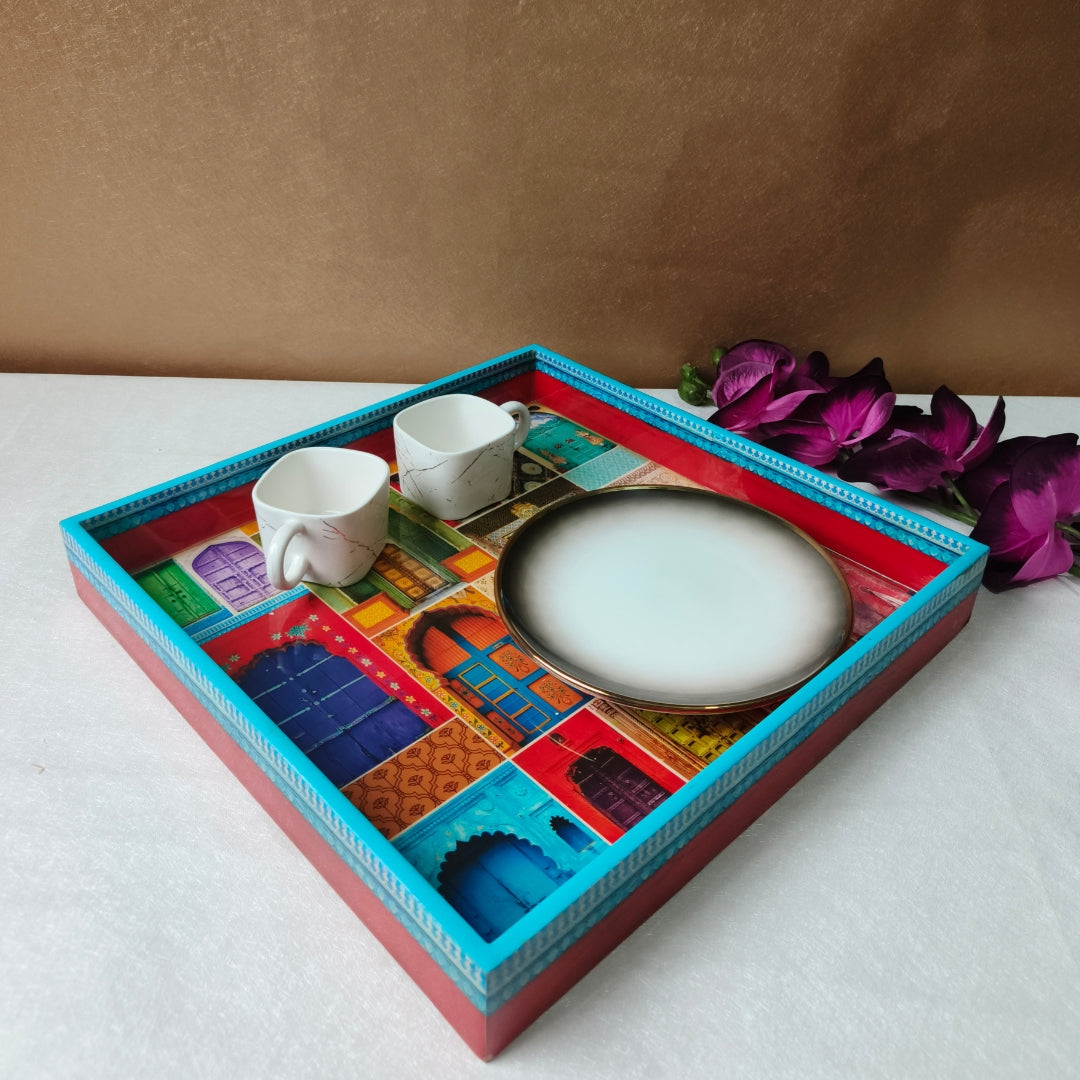 Mughal Print Design Enamel Square Tray