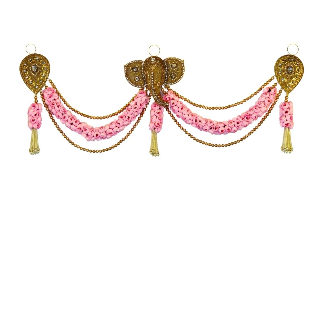 Ganesha Pink Garland With Gold Leaf And Pearl Beaded Toran