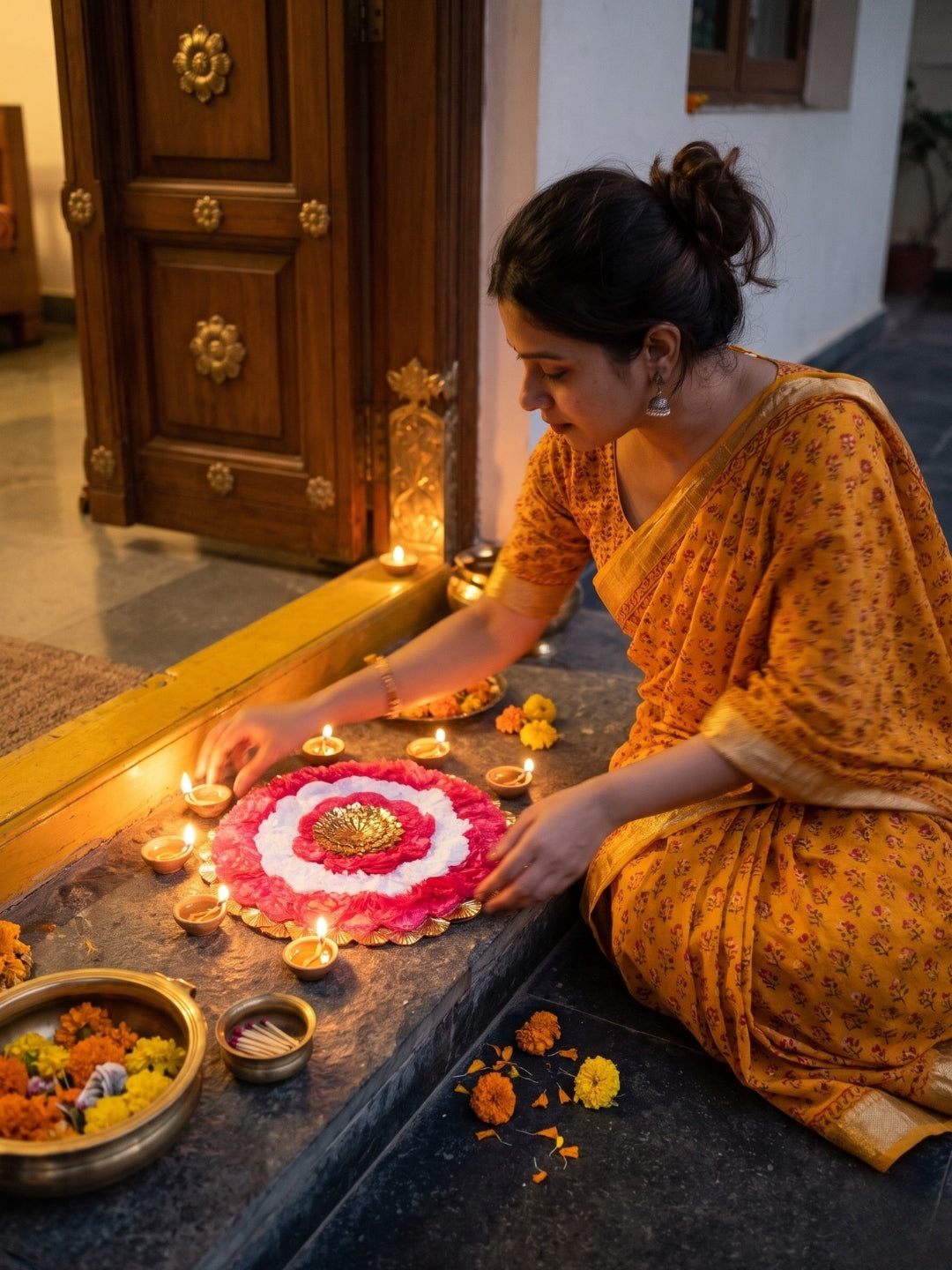 Handmade Red & White Floral Puja Asan Mat / rangoli with Gold Center Single
