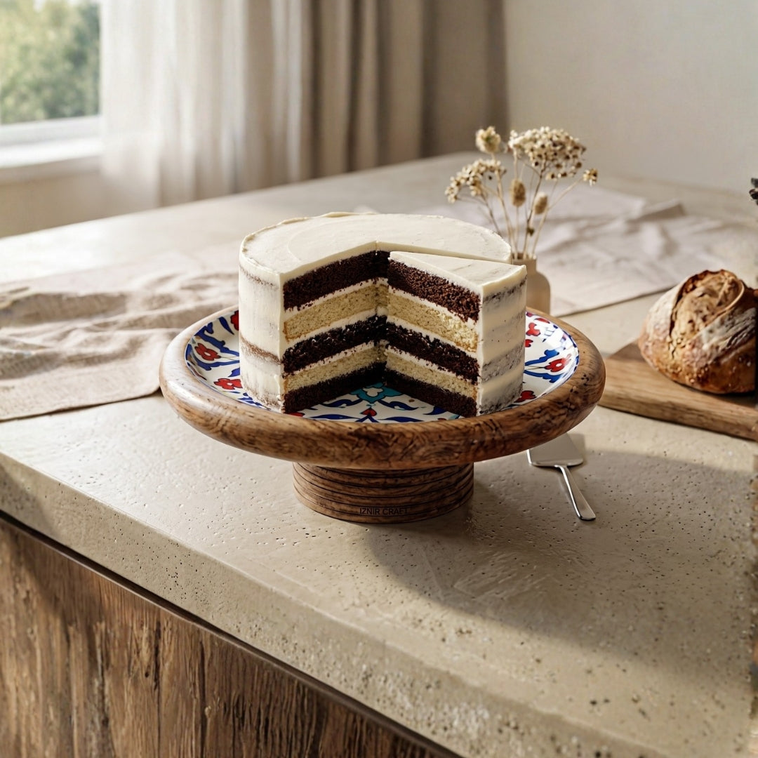 Turkish Print Enamel & Wooden Cake Stand