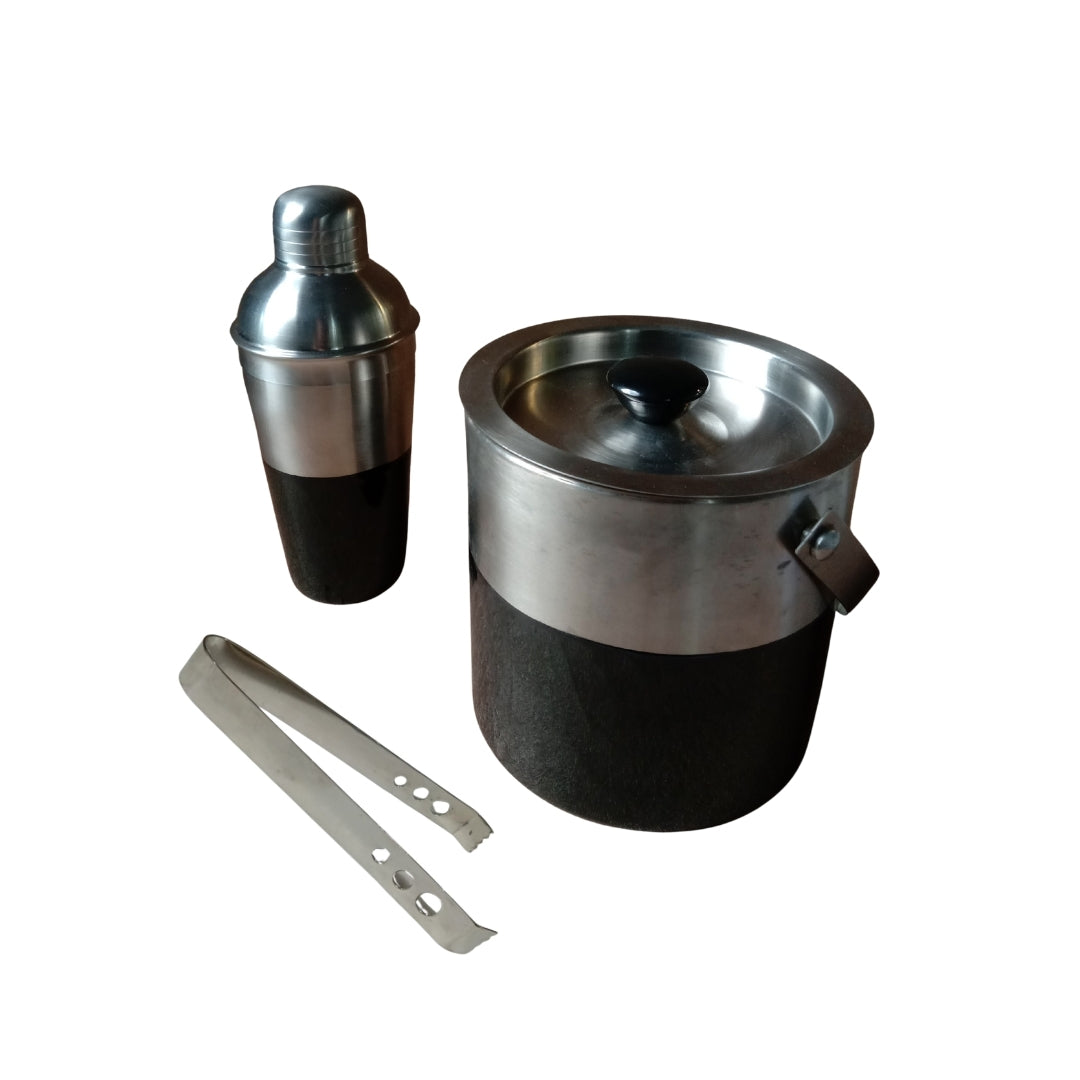Stainless Steel ice bucket & Shaker with black enamel with tongs -set of 3