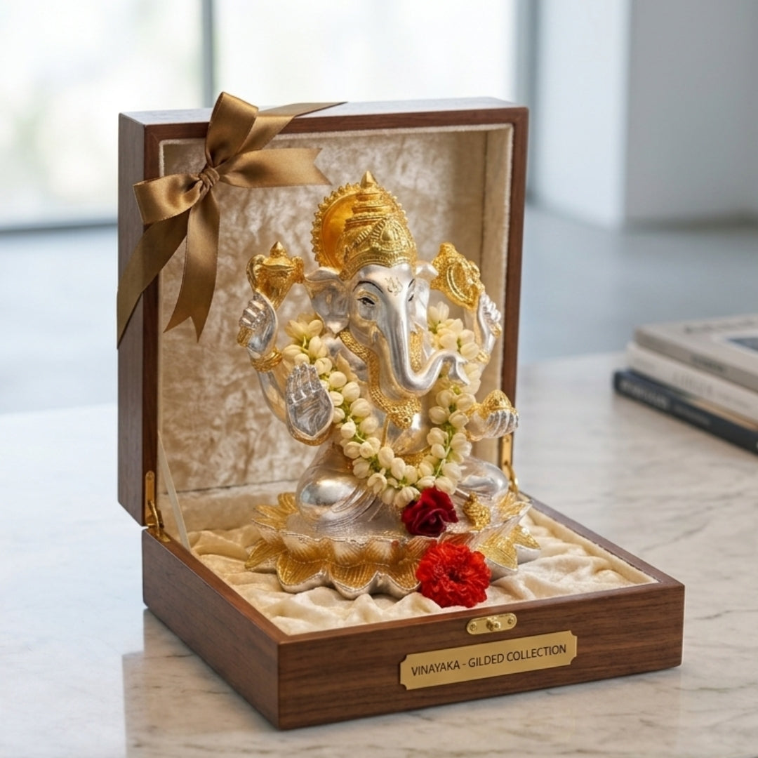 The Home Co. Majestic Lord Ganesha Idol | 999 Pure Silver & 24K Gold Plated Ganpati Murti on Lotus | Premium Fiber Vastu Decor & Corporate Gifting