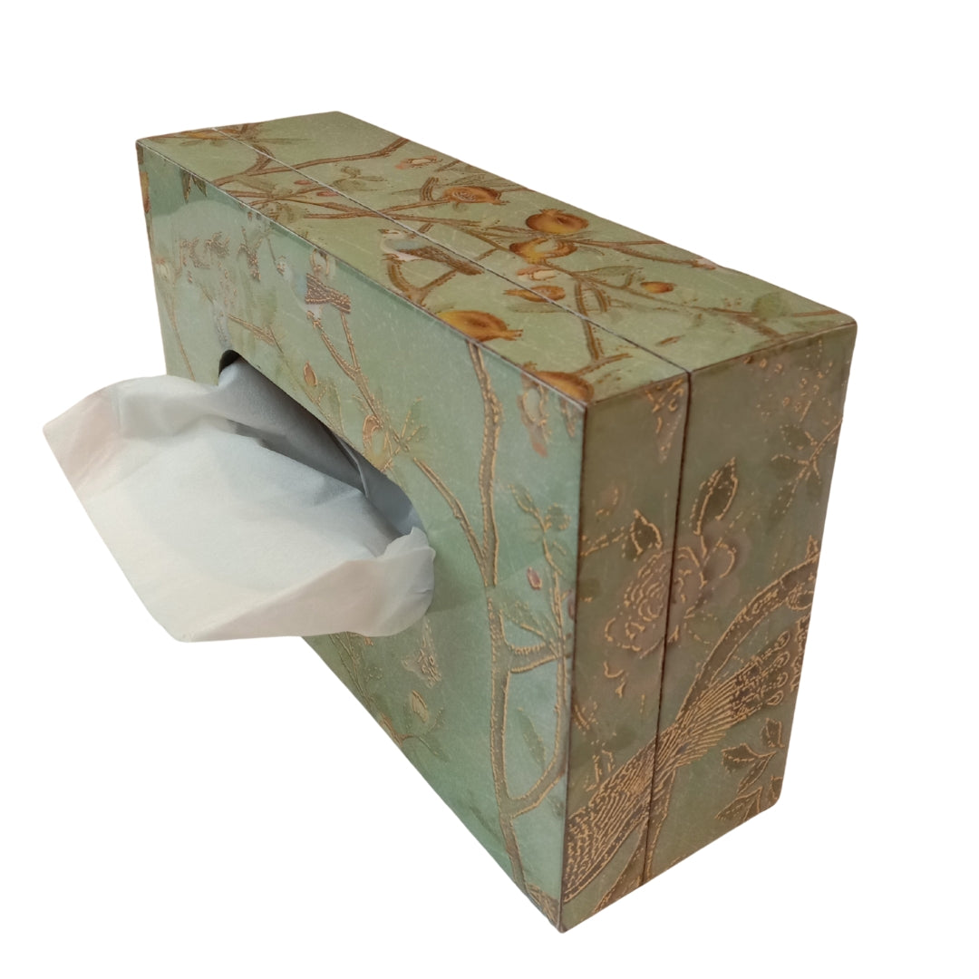 wooden print & enamel green peacock & bird Tissuebox
