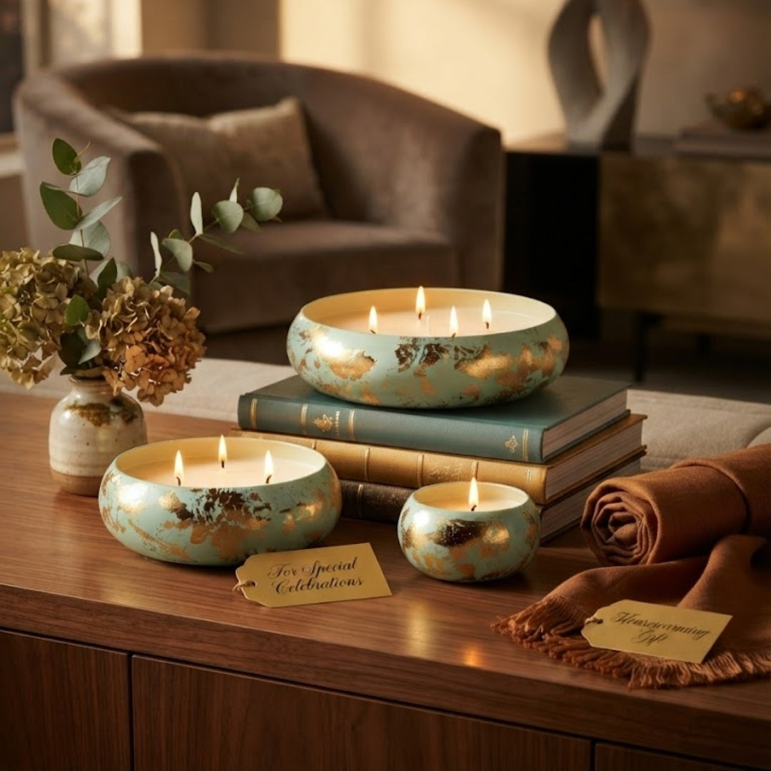 Mint & Gold Leaf Decorative URLI WITH WAX  Candle Set of 3