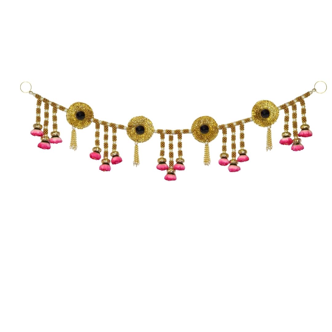 Pink Flower Hanging Toran With Gota Mirror & Pearl