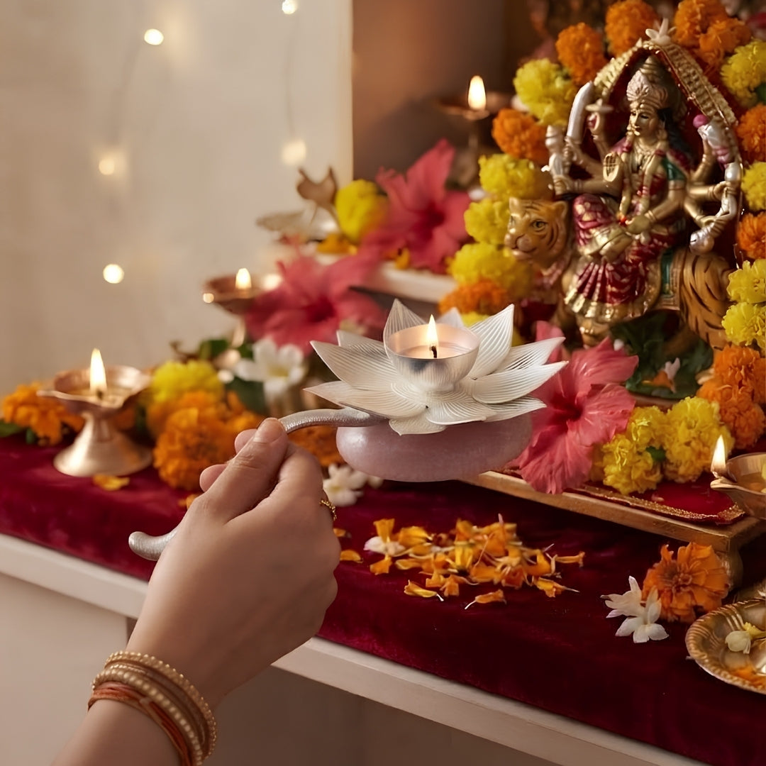 Silver Lotus Diya in Velvet Box