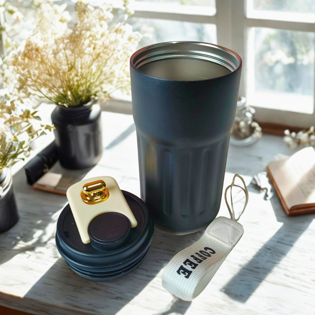 Black Stainless Steel Temperature Measure Sipper With Golden Capsule Knob