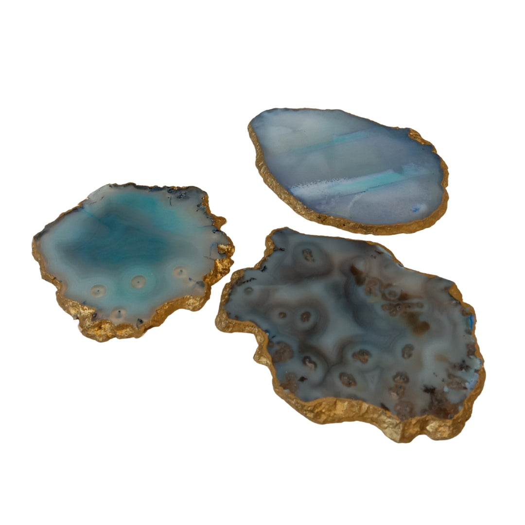 Table Coaster - Blue Agate Stone with Gold Lining Set Of 3