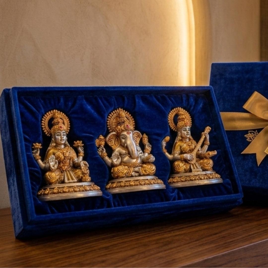 The Home Co. 999 Pure Silver & 24K Gold Plated Lakshmi, Ganesha & Saraswati Idol Set (Small) | Divine Trideva-Tridevi Murti with Premium Velvet Gift Box