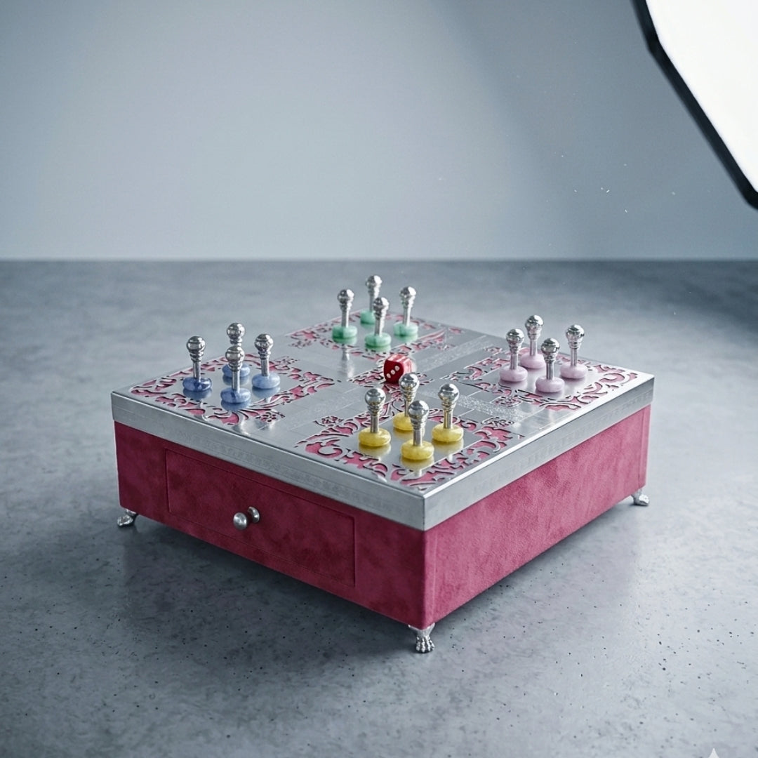 Luxury Silver Plated Ludo Box with Pull-Out Drawer, Metal Pawns & Red Velvet Base