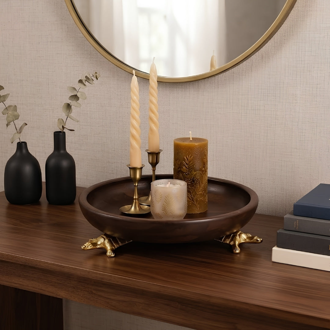 Dark Wood Round Serving Bowl with Gold Turtle Feet Stand