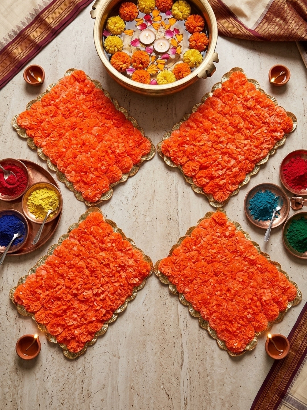 Artifical Orange marigold Mats / rangolis - Rectangle Set of 4
