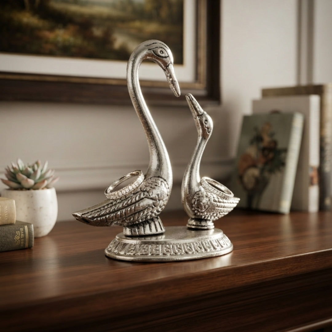 Silver Plated Double Swan Figurine in Red Velvet Box for Luxury Gifting