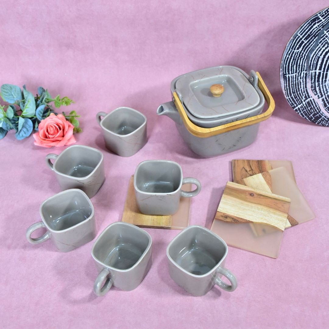 Ceramic Cup & Teapot With Tray Set Of 6 - Grey