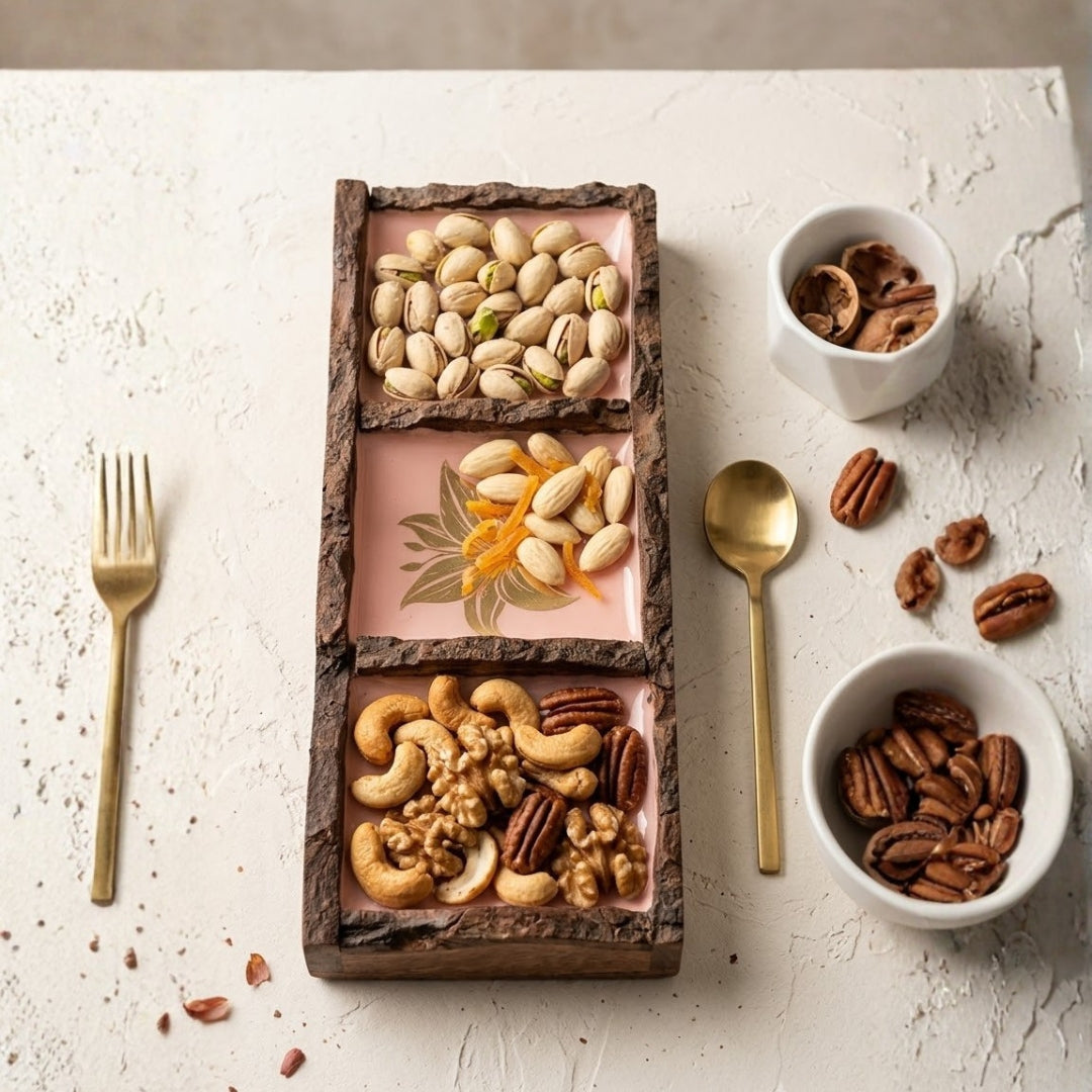 Peach Enamel Wooden 3-Section Dip & Nut Platter with Tulip Foil Print