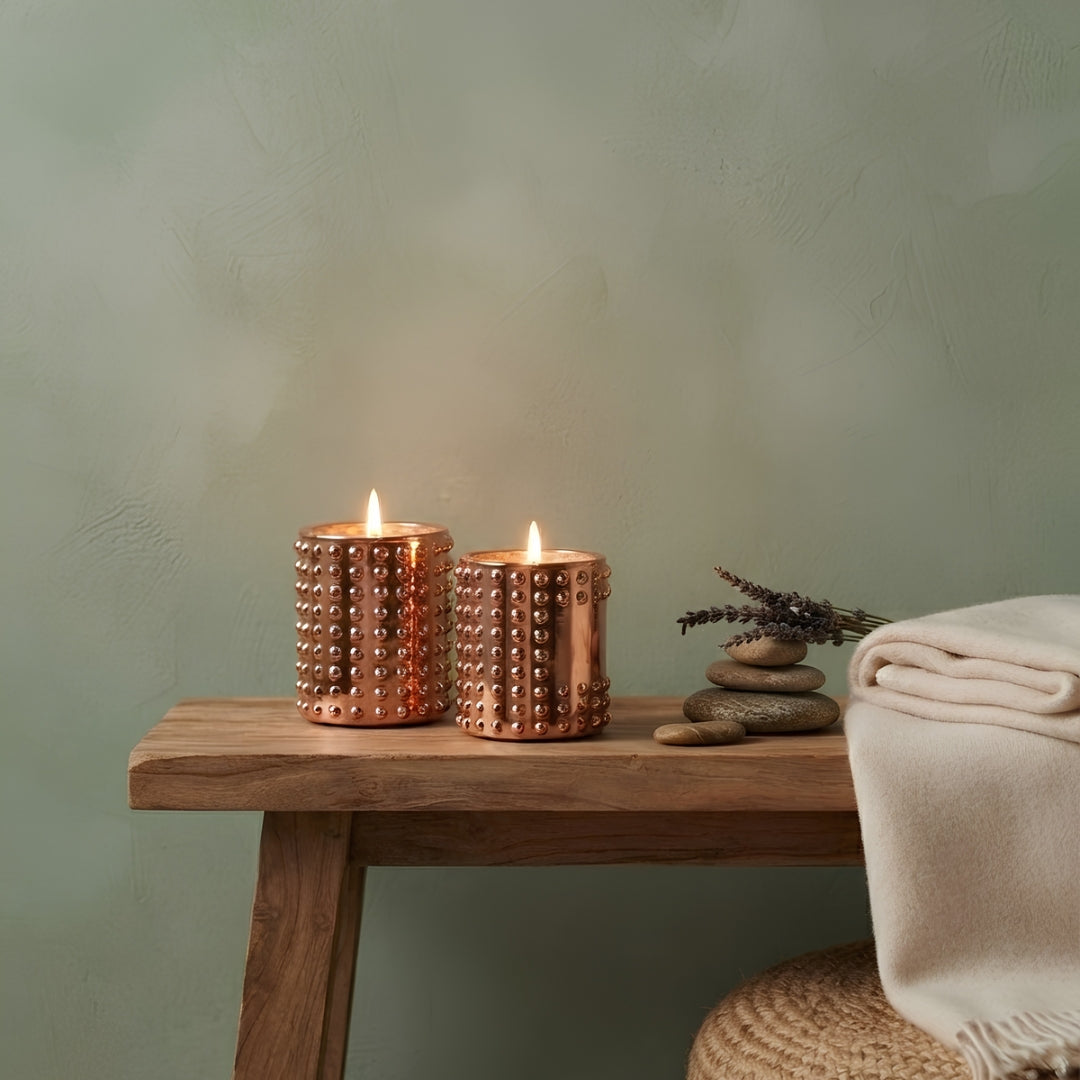 Copper Dotted Glass Votive Candle Holders - Scented Wax Set (Set of 2)