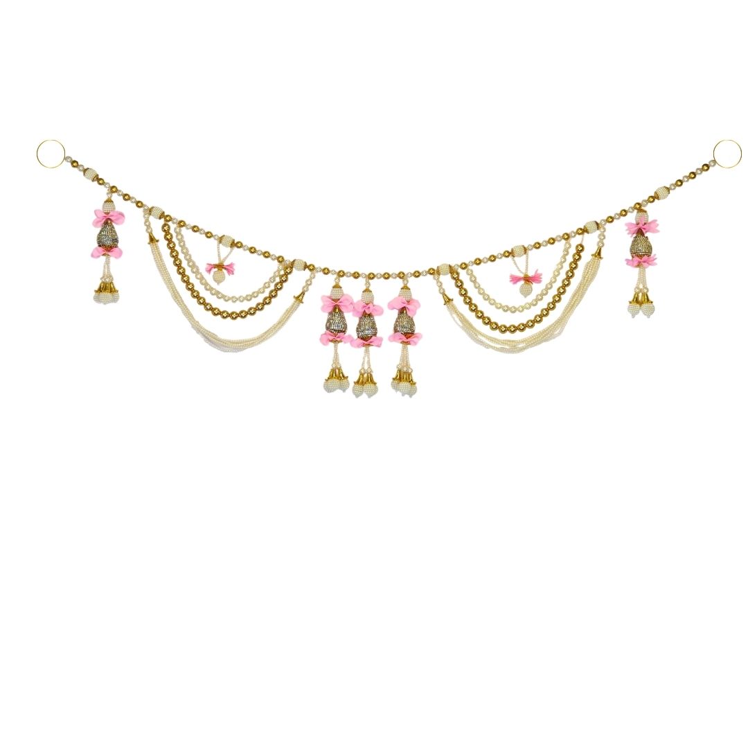 Pink Flower Hanging Toran With Gold & White Pearl