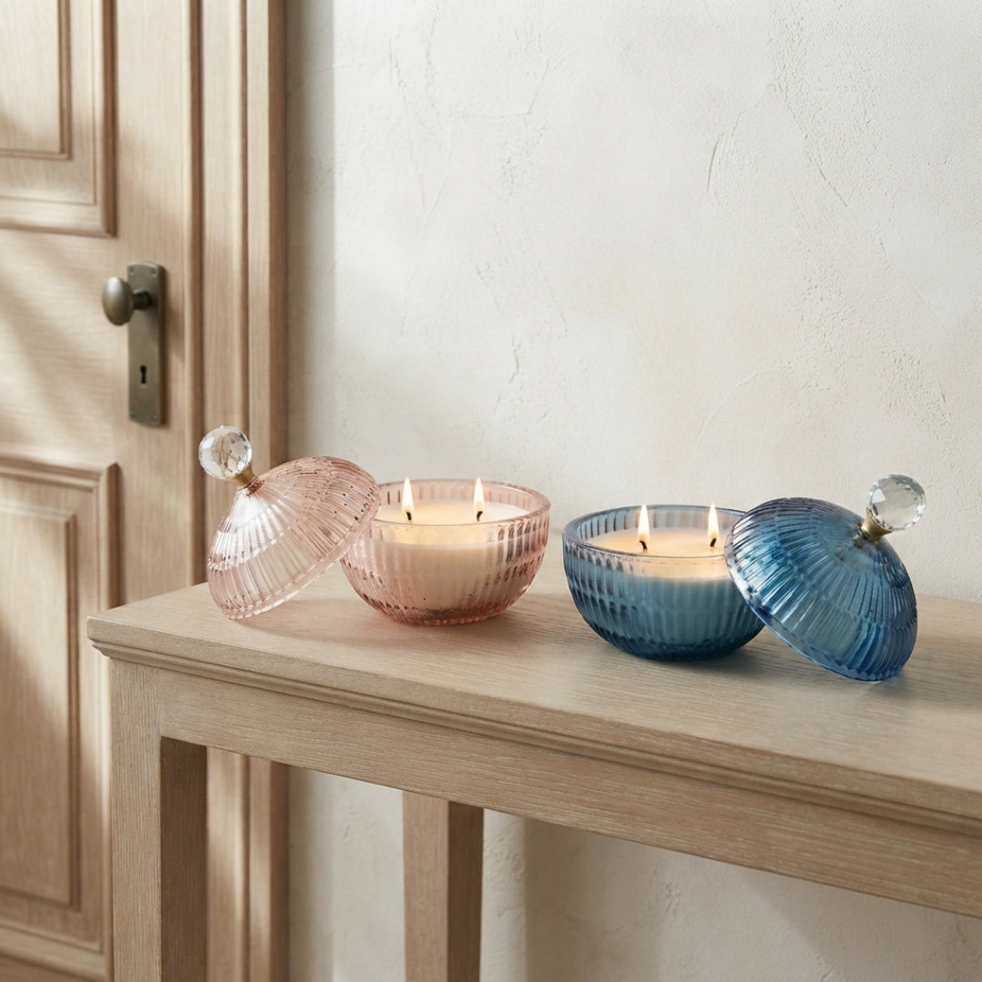 Set of 2 Small Pink & Blue Glass Ball-Shaped Scented Candles