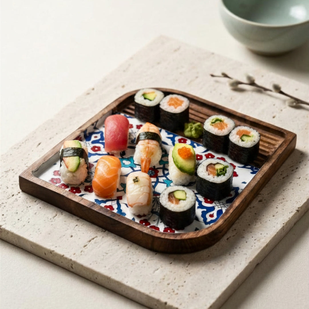 Turkish Print Enamel & Ribbed Wooden Rectangular Platter
