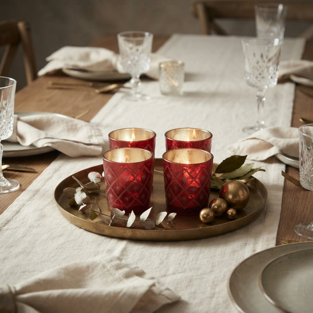 Etched Red Glass Votive Candle Holders - Elegant Small Set of 4
