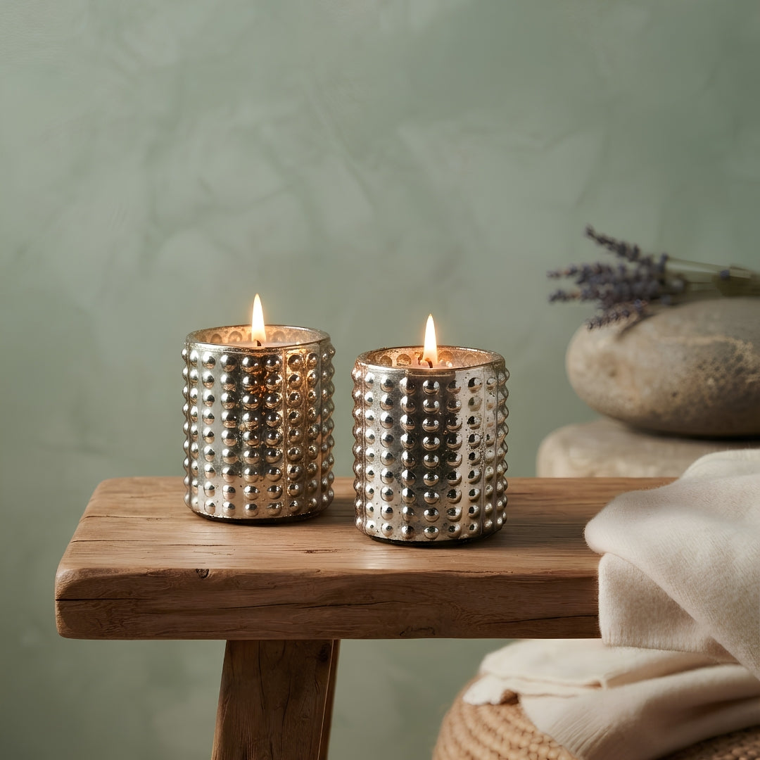 Silver Dotted Glass Votive Candle Holders - Scented Wax Set (Set of 2)