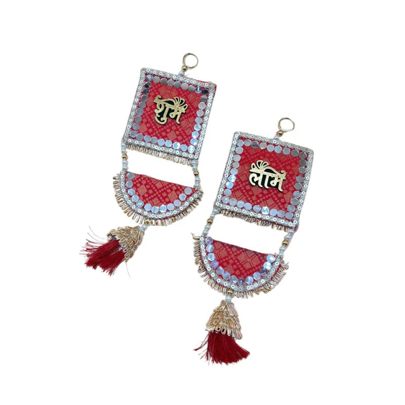 Side Hanging Set Of 2 - Brocade Shubh Labh Red Large