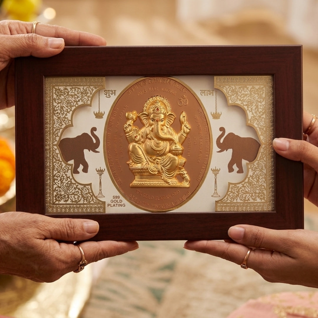 24K Gold Plated Ganesha Idol Wooden Frame | Divine Gold Plated & Fiber Frame Ganpati Idol for Home Decor
