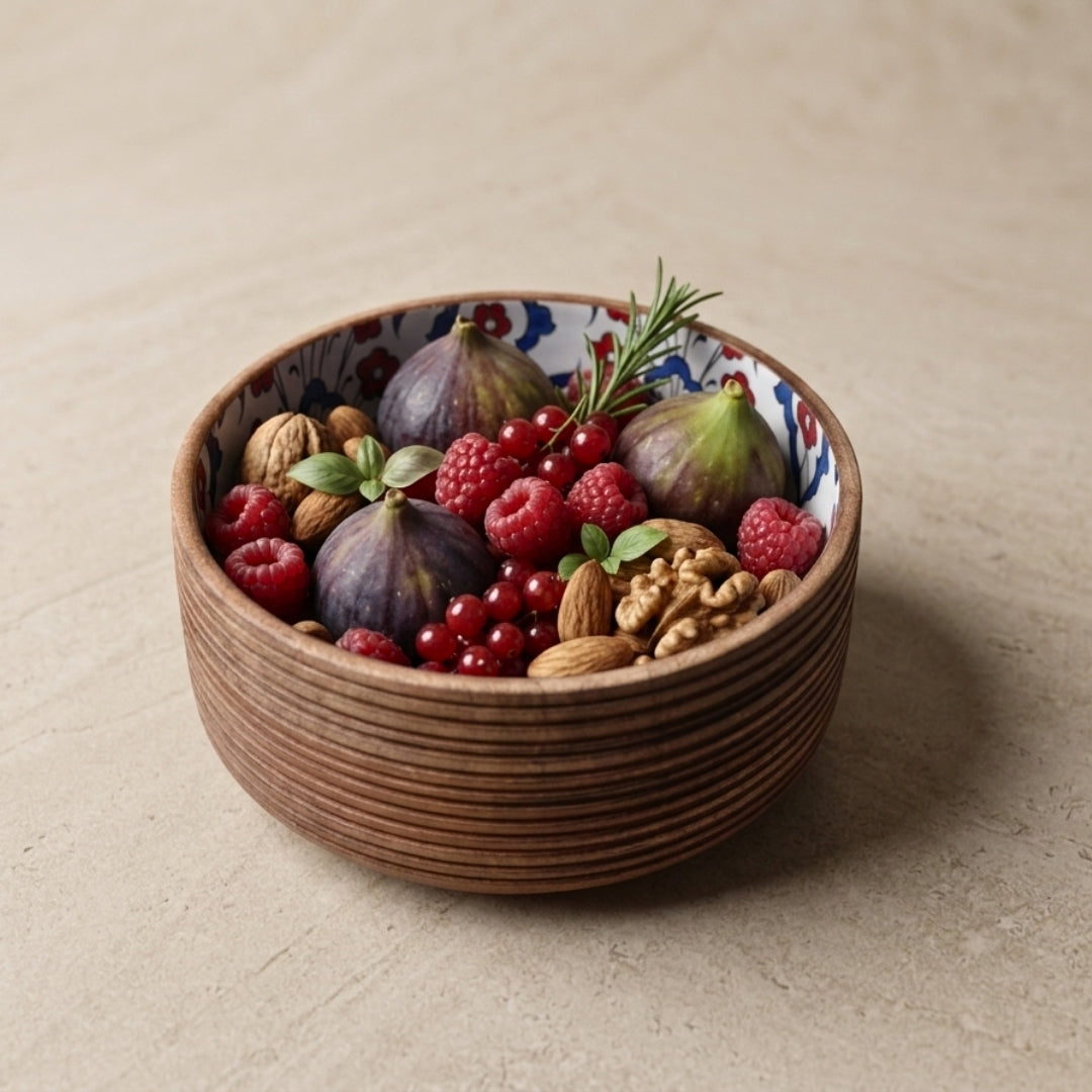 Turkish Print Enamel & Ribbed Wooden Salad Bowl Set
