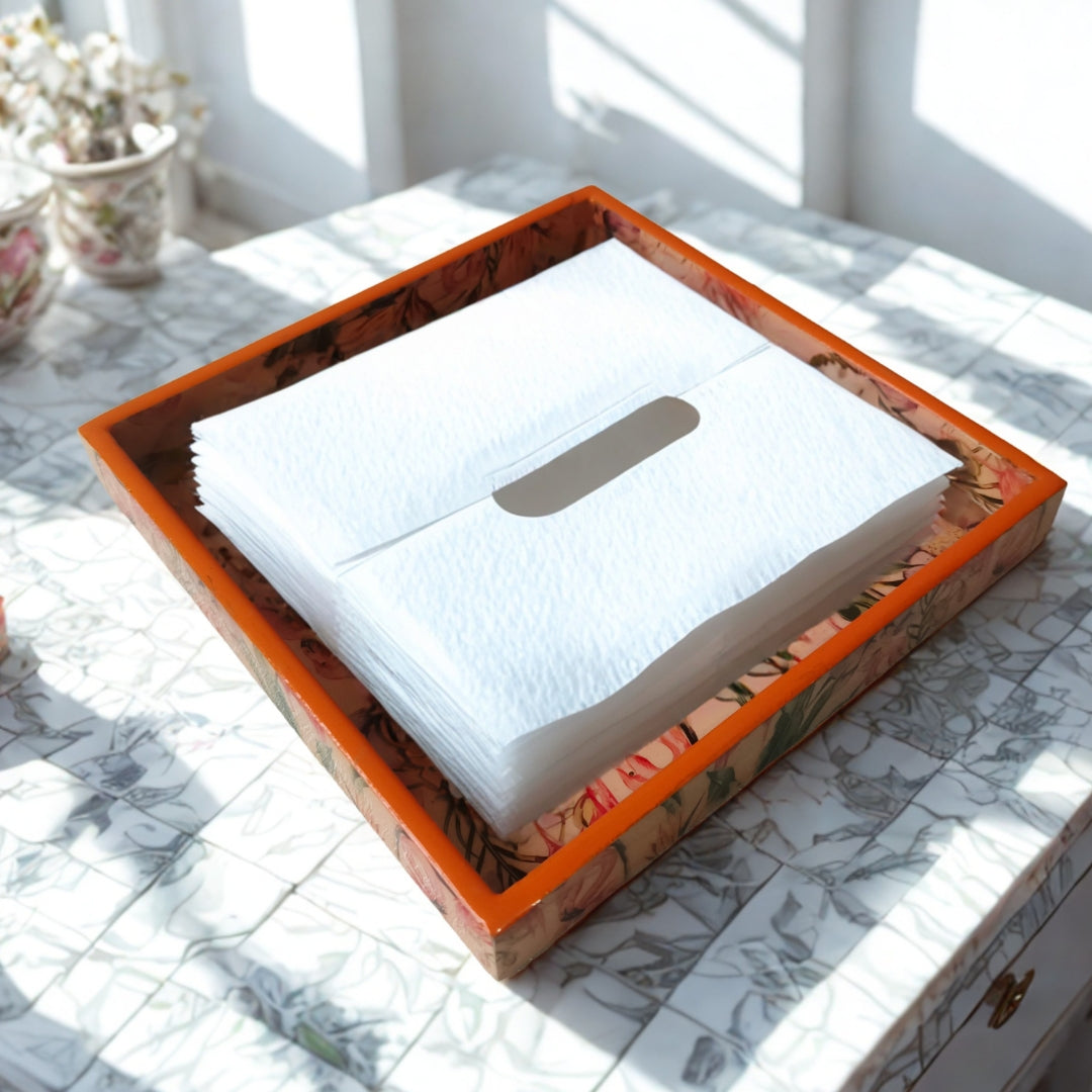 wooden water resistant Flamingo print & enamelled  Bathroom Set of 4