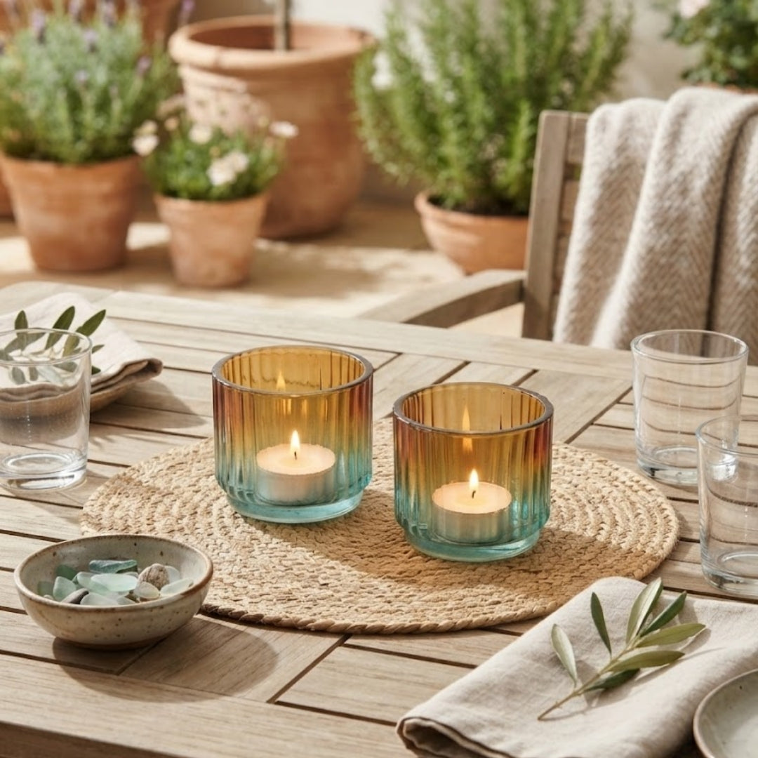 Set of 2 Ribbed Glass Tea Light Holders – Blue & Orange