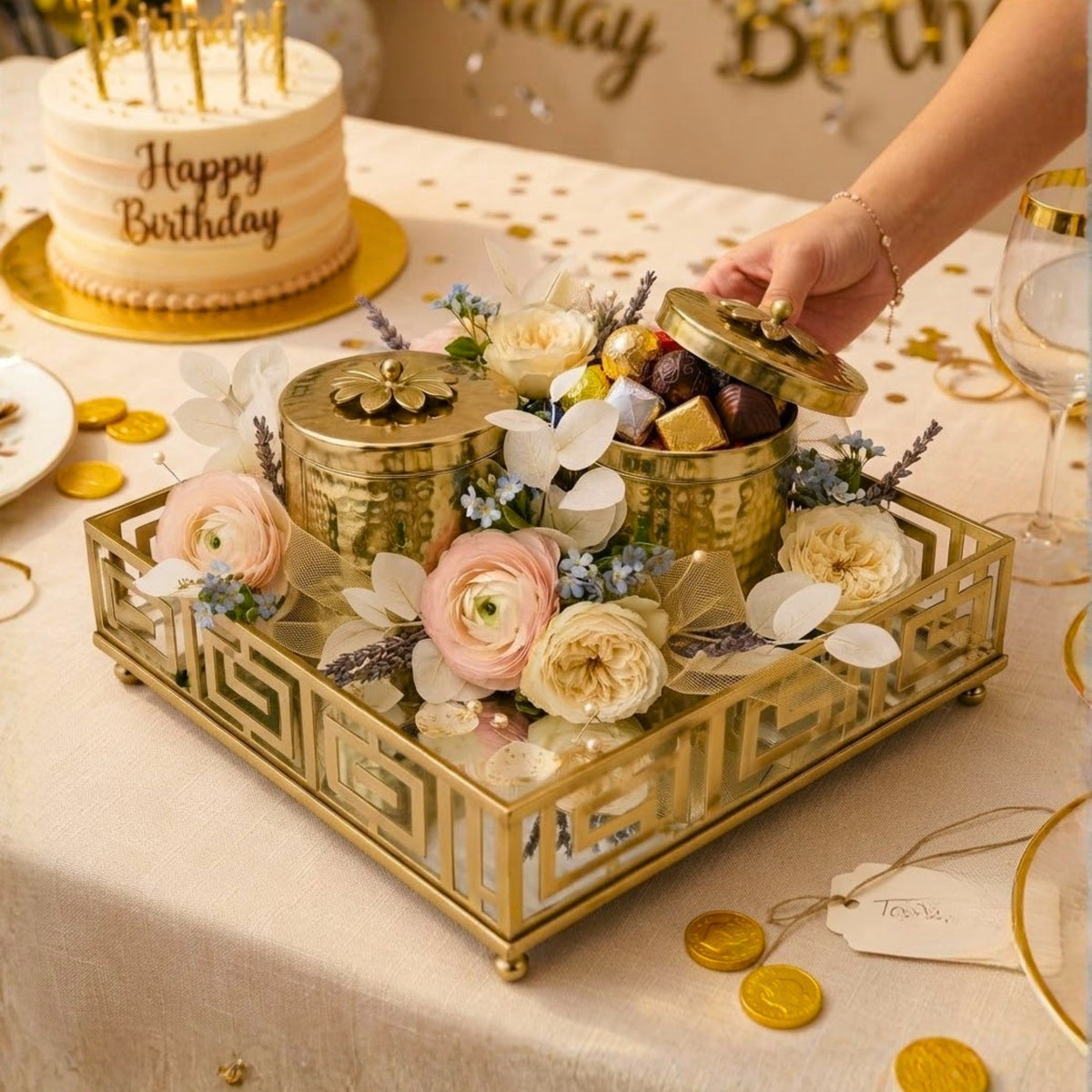 Gold Mirrored Square Tray with Greek Key Pattern
