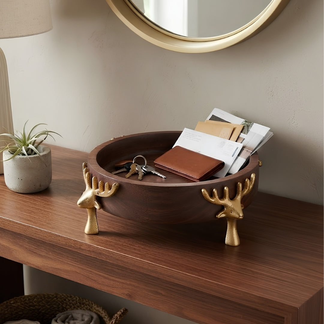 Wooden Bowl with Gold Reindeer Antler Legs