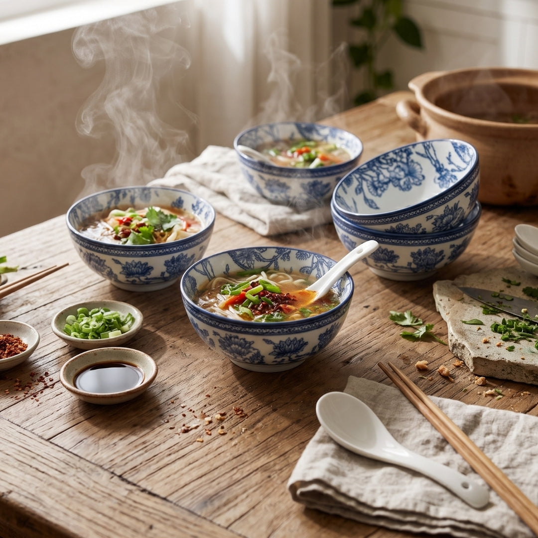 12 Pcs Blue & White Floral Ceramic Soup Bowl Set
