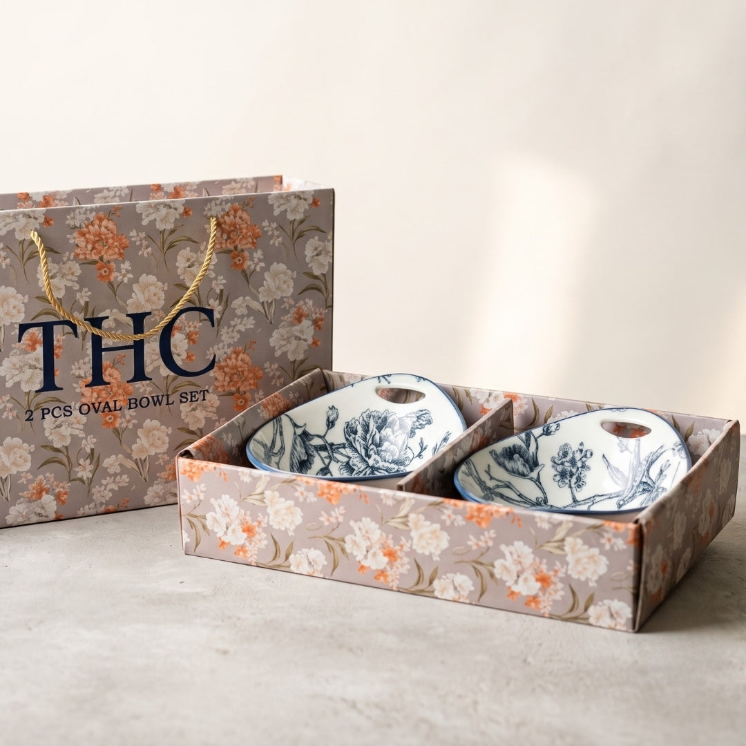 2 Pcs Blue & White Floral Ceramic Oval Bowl Set