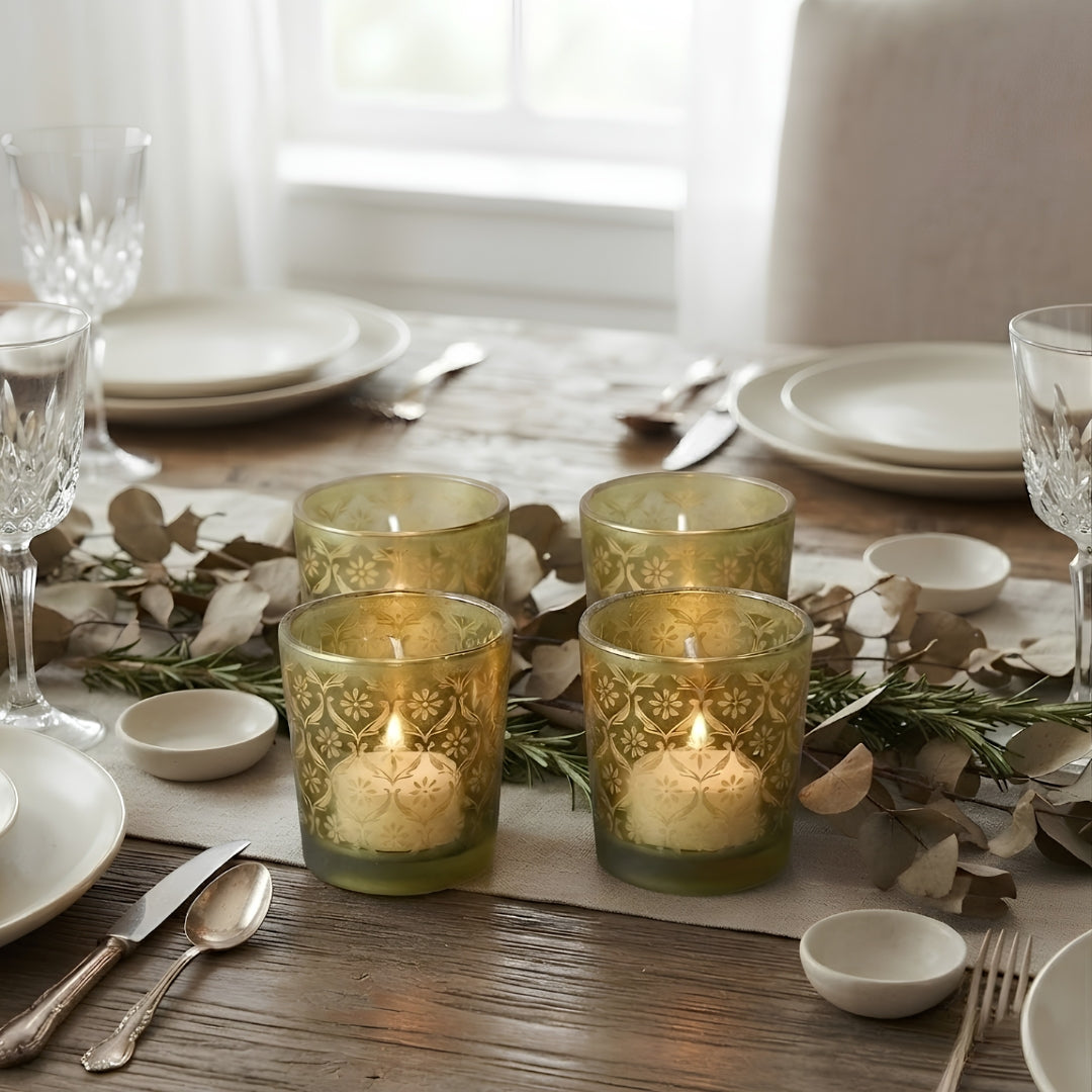 Mughal-Etched Gold Glass Votive Candle Holders - Set of 4 Elegant Votives